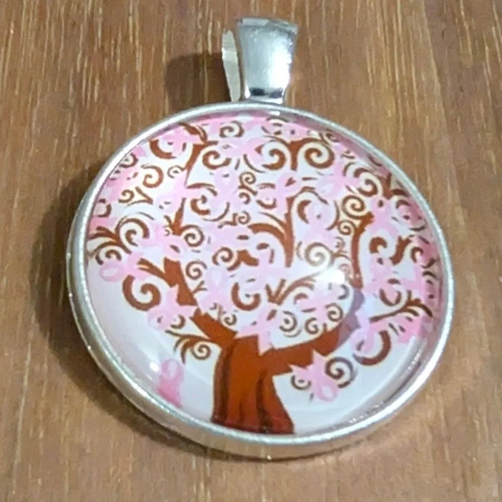New Vtg Cancer Pink Ribbon Tree Pendant Necklace SilverTone Cabochon Awareness